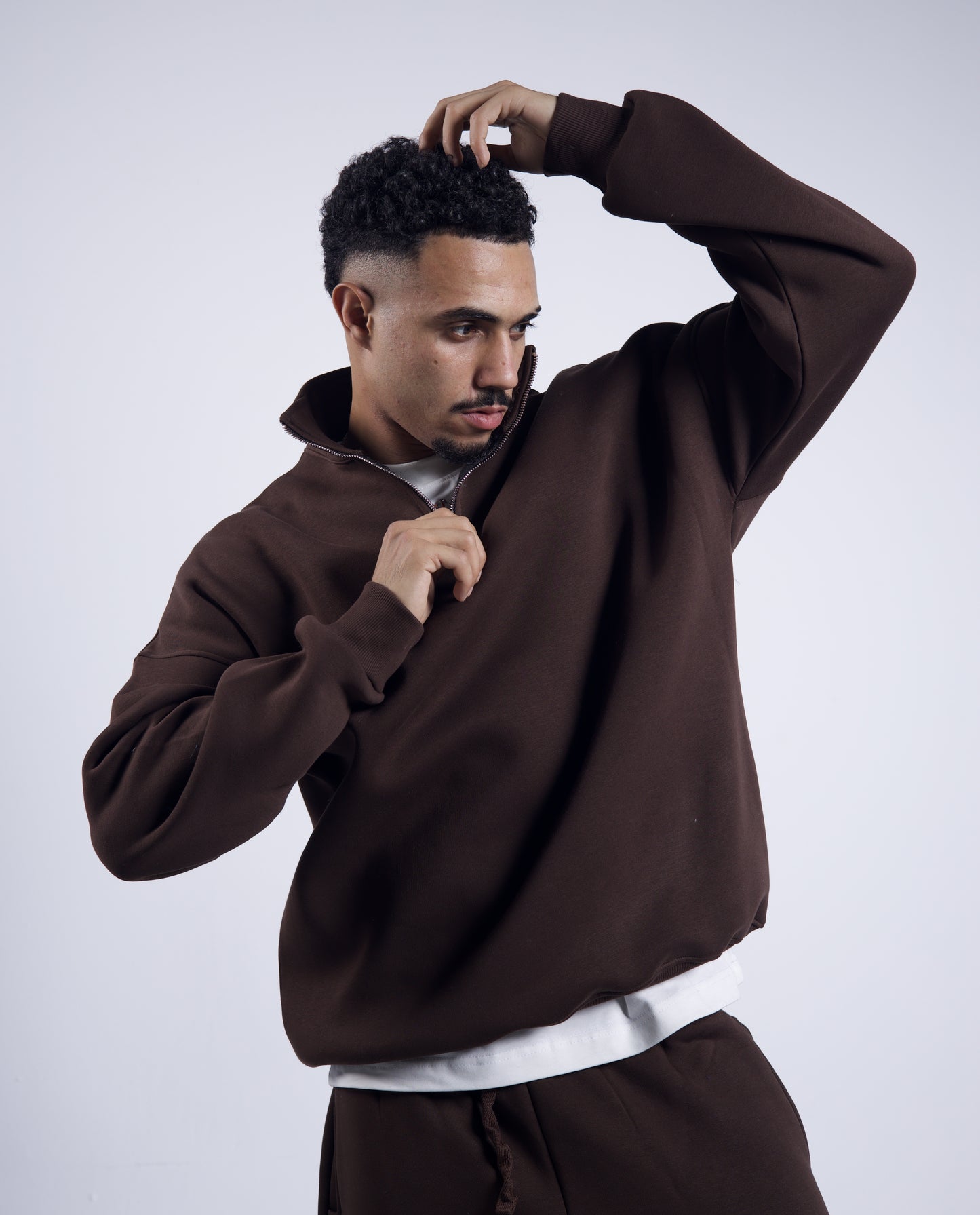 Oversized Half Zipper Brown Sweatshirts